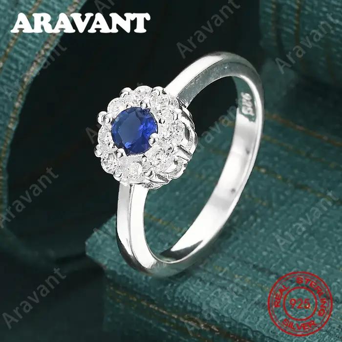 Bague en argent sterling 925 avec zircon bleu rond 7-10 - Cadeau unique pour femme