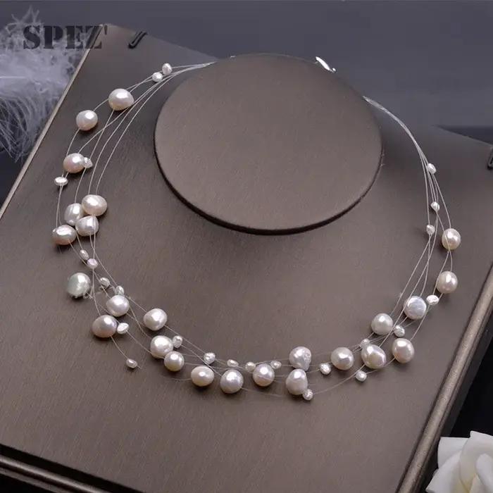Collier de perles d'eau douce naturelles pour femmes, ras du cou superposé de perles baroques, plaqu