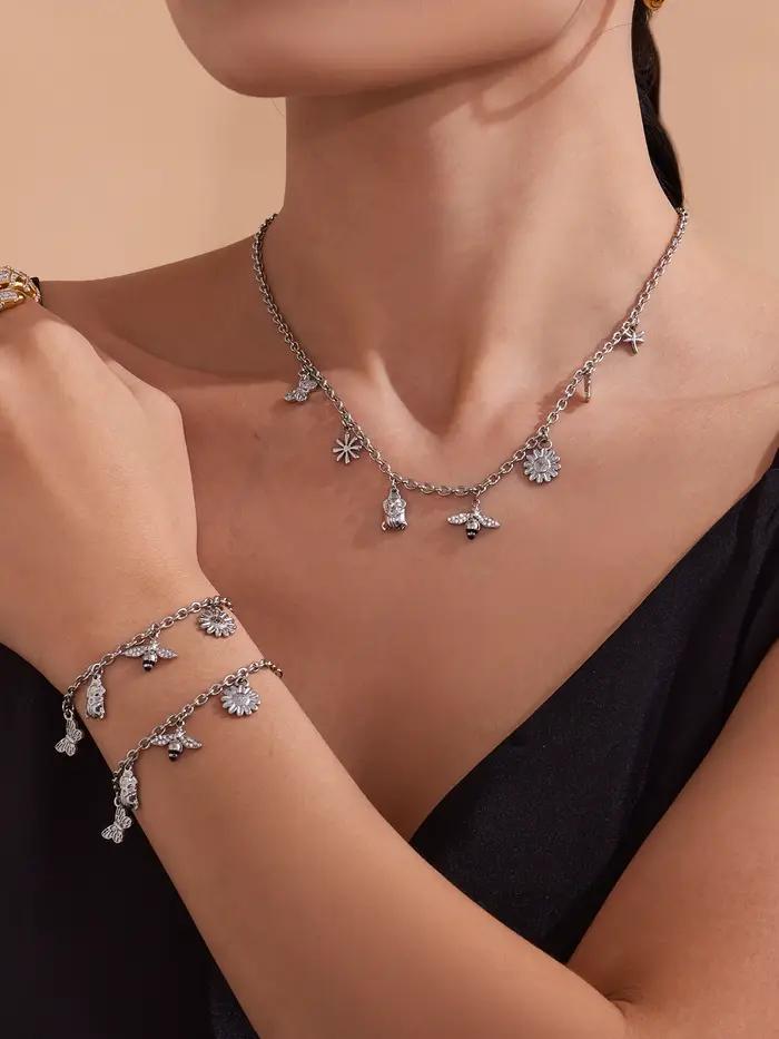 Nivora brillant Zircon abeille fleur pendentif colliers Bracelets pour femme en acier inoxydable 18K PVD plaqué or ensembles de bijoux de mariée