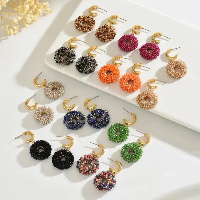 Boucles d'oreilles rondes pendantes en perles faites à la main de style bohème vintage minimaliste