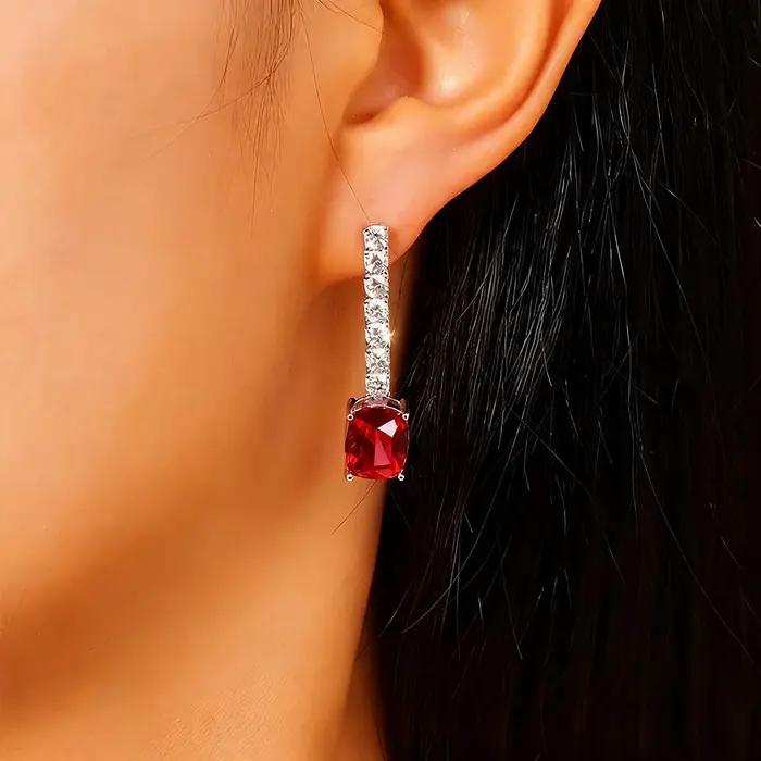TEMGF cultiver émeraude/rubis boucles d'oreilles pour femmes S925 en argent Sterling longues