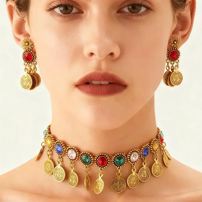 Bohème femmes gitane couleur or pièce gland collier boucle d'oreille femme mariée classique Vintage multicolore cristal bijoux de mariage