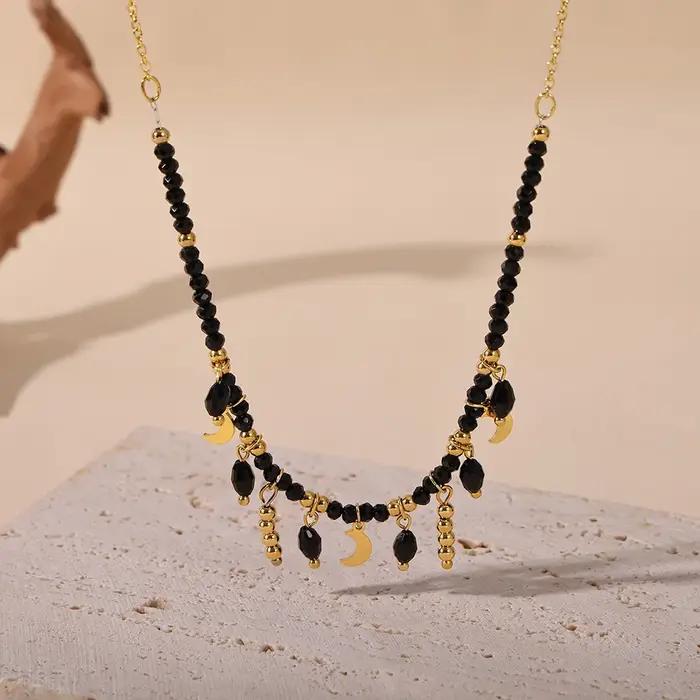 Collier chic en acier inoxydable noir avec cristaux pour femme