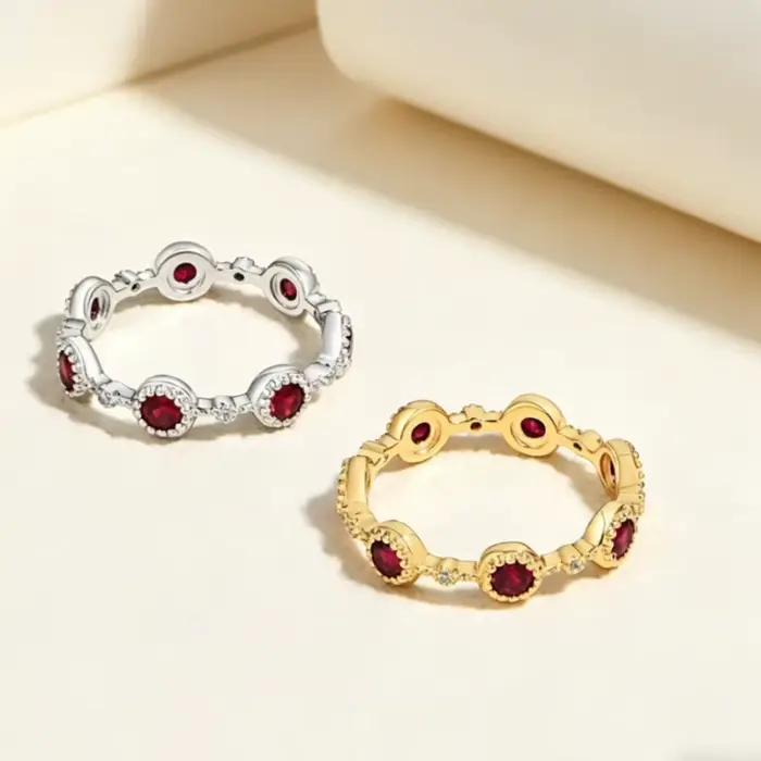 Bague Couronne Double Bande de Luxe avec Zircon Rubis Goutte d'Eau