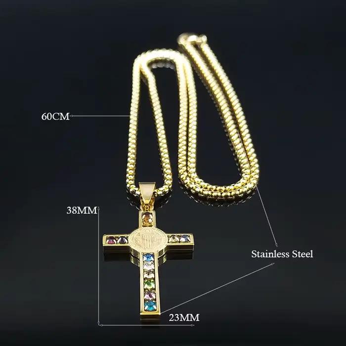 Collier en acier inoxydable avec croix de jésus catholique, pendentif en cristal de Saint benoît, vierge marie, Crucifix, colliers pour hommes, bijoux cruz