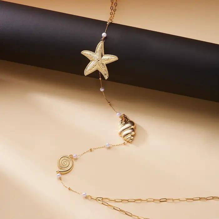 Collier long sexy sans dos avec pampilles pour femme, chaîne dorée étoile de mer coquillage coquille Saint-Jacques bijoux de fête et de vacances