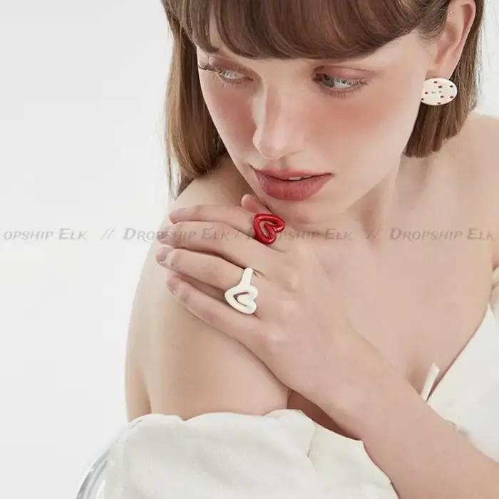 Bague en forme de cœur en émail blanc et rouge, glaçure géométrique goutte à goutte pour femmes et filles, bagues d'ouverture amusantes Y2K, bijoux cadeau, vente en gros