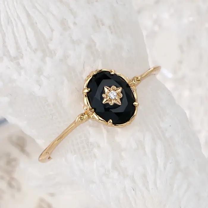 LAMOON bague en Agate noire naturelle pour femmes bague en pierres précieuses 925 en argent Sterling