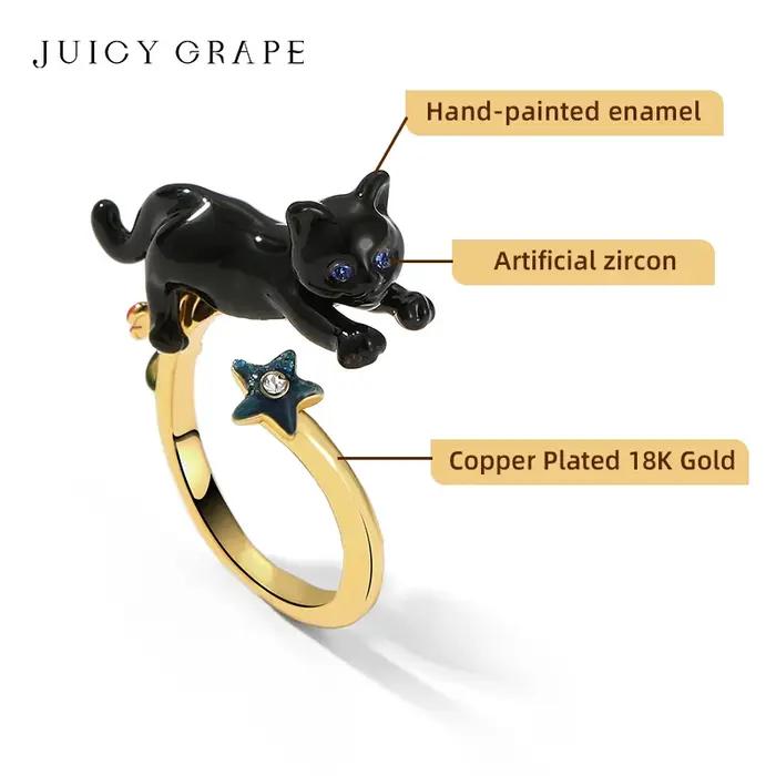 Bague réglable en émail plaqué or 18 carats fait à la main avec chat noir juteux