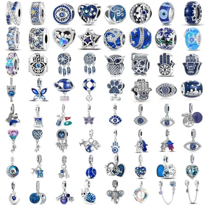 Pendentif en argent 925 motif palme bleue yeux papillon perle bracelet original accessoire diy bijou raffiné occasions spéciales
