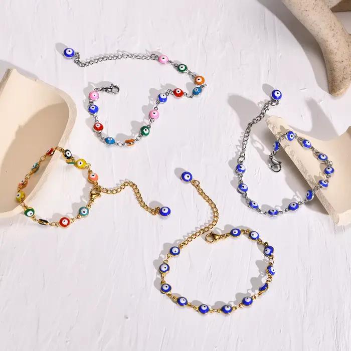 Bracelet Mauvais Œil en Acier Inoxydable, Bijoux Amulette de Protection, Lien Réglable Empilable, JOBlue