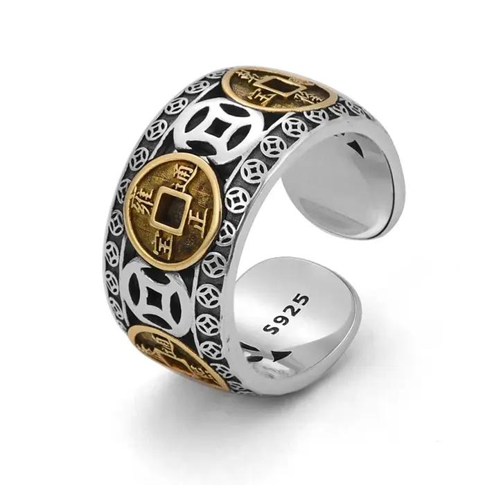 Bague d'ouverture de pièce de monnaie en cuivre rétro chinois pour hommes et femmes