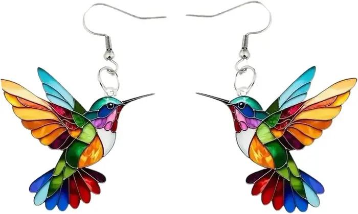 Colliers colorés de boucles d'oreilles d'oiseau de colibri, collier de colibri 2D, collier d'oiseaux