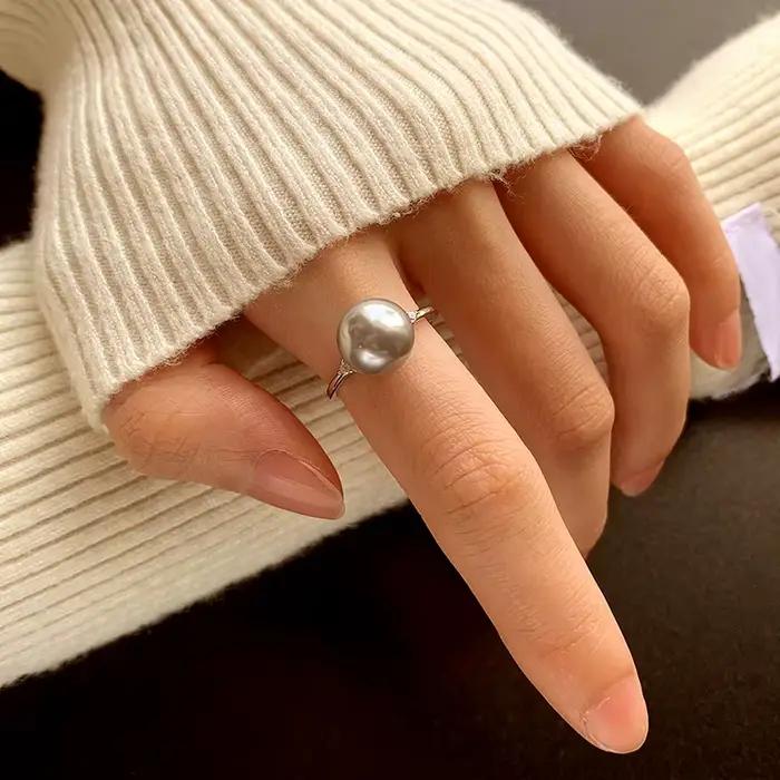 Bague assortie avec tout, Micro-ensemble de perles grises en lin argenté véritable S925, à la mode et classique
