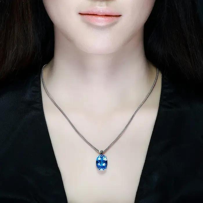 Collier en argent Sterling 925 avec pendentif topaze du Rhin et saphir pour femmes occasions spéciales fiançailles anniversaires mariage romantique tendance