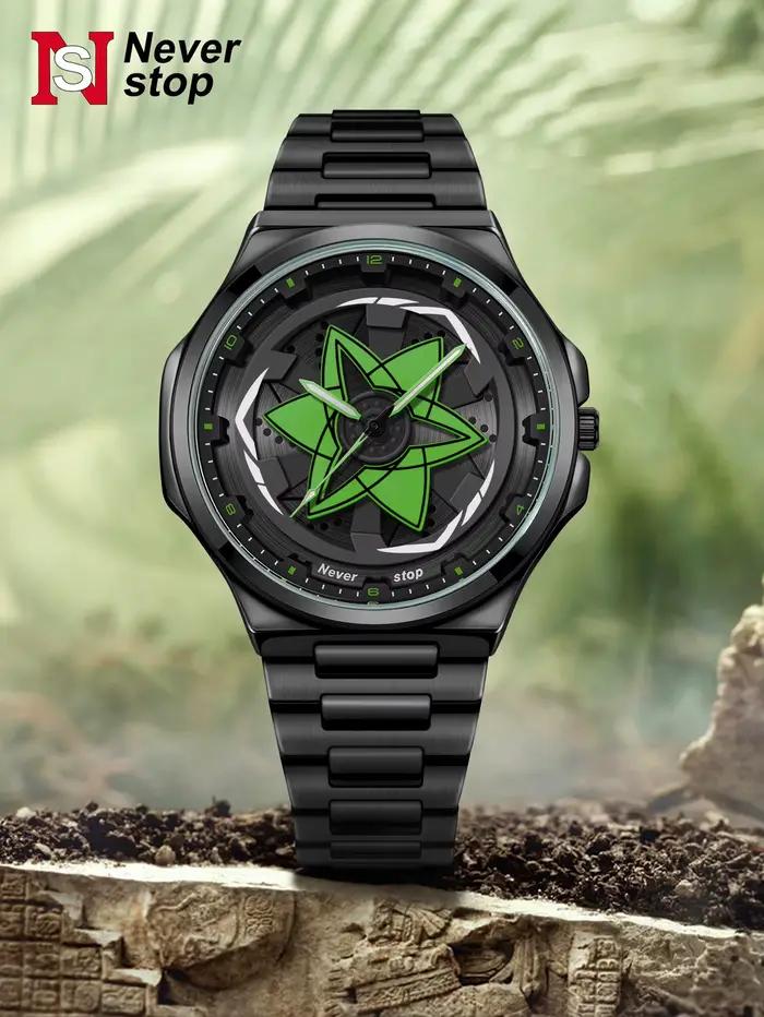 Montre à bracelet en acier pour hommes – Style Cool noir, cadran tendance rotatif, cadeau de vacance