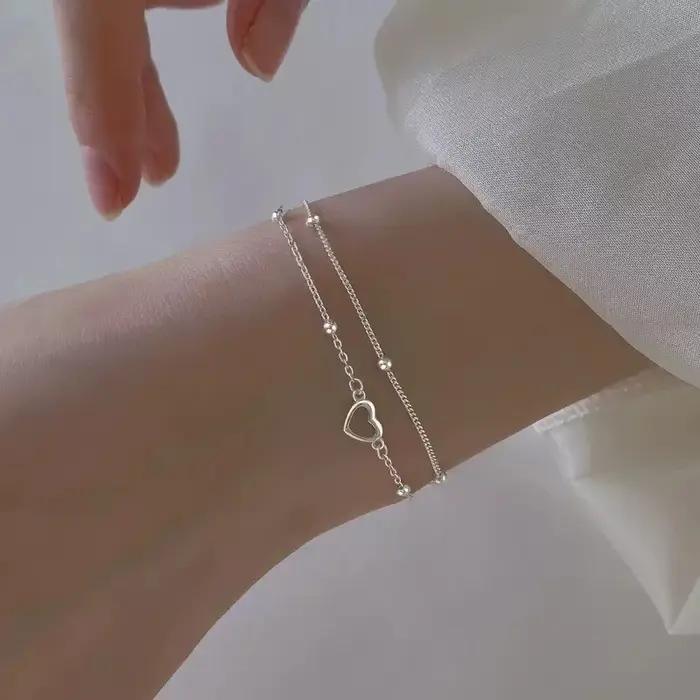 Bracelet en argent sterling 925 forme cœur double couche perles pour femmes et filles cadeau fête romantique vintage design coréen
