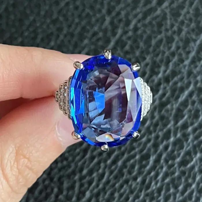 Bague classique en pierre d'ellipse en cristal bleu pour femmes