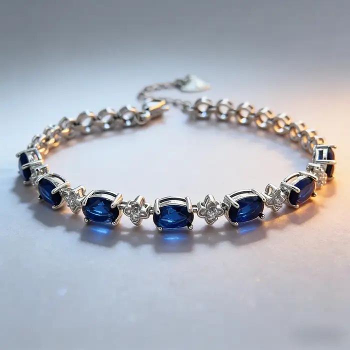 Bracelet en argent sterling 925 avec pierre précieuse bleue pour femmes élégantes et romantiques occasions spéciales partie soirée cadeau d'anniversaire