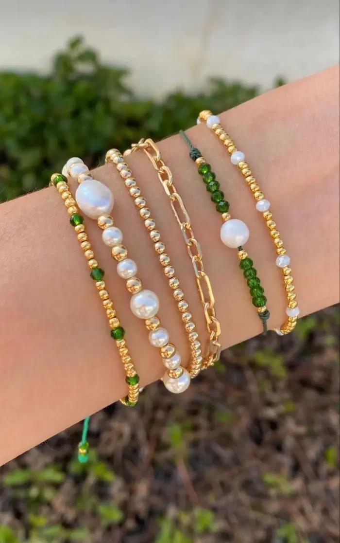 Lot de 6 bracelets bohèmes verts en perles d'imitation de cristal
