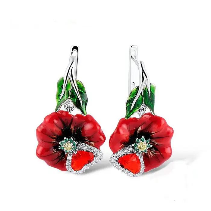 Boucles d'oreilles pendantes romantiques rétro micro-incrustées de zircon 5A, motif fleur de pavot r