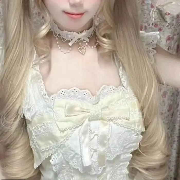 Collier en dentelle perlée Sweet Lolita Y2K nœud papillon pour femmes romantique mignon occassions spéciales quotidienne