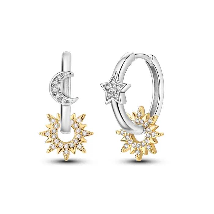 Boucles d'oreilles originales en argent Sterling 925, deux tons, or et argent, lune, étoile, soleil,