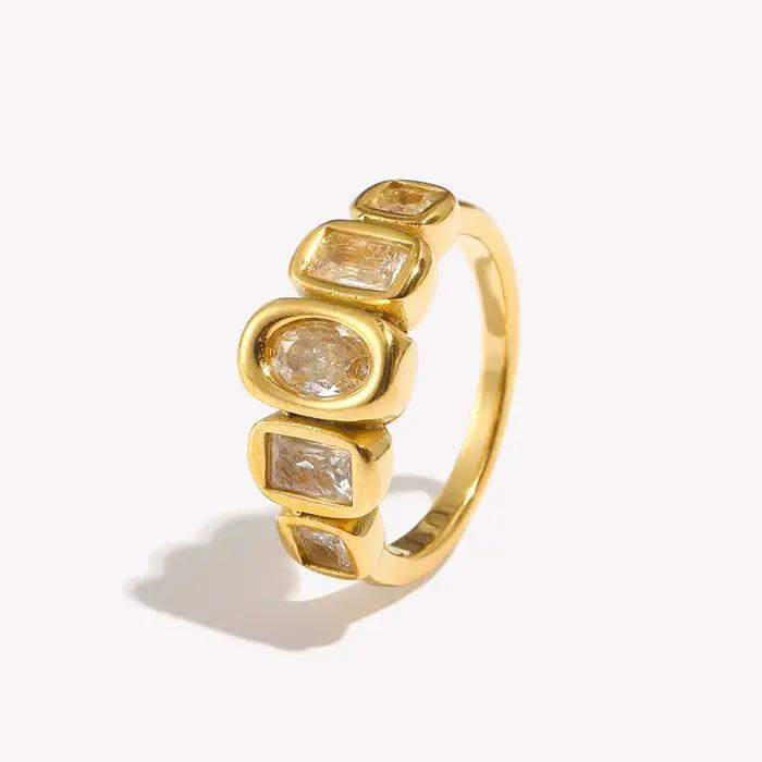 Bague géométrique en acier inoxydable 316L sertie de zirconium blanc élégante pour femmes occasions spéciales fantaisie moderne alliance mariage