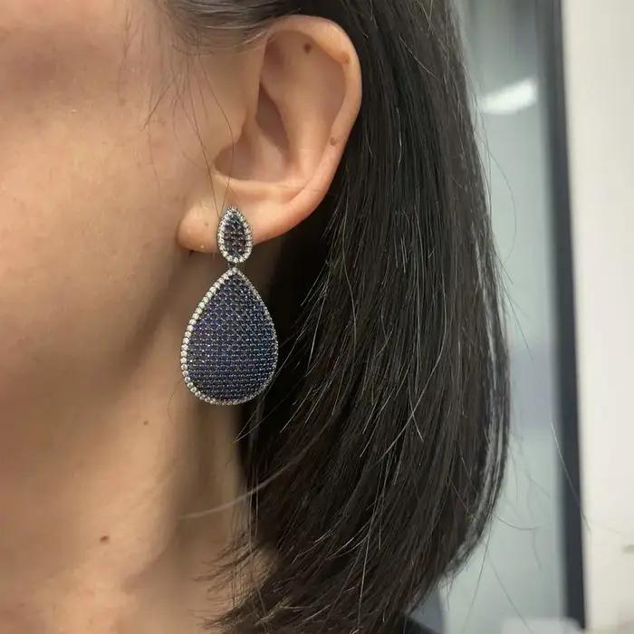 Boucle d'Oreille Ovale en Zircone Bleu Royal Élégante avec Motif Végétal pour Femme Occasions Spéciales