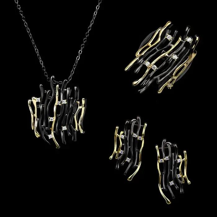 Ensemble de bijoux personnalisés plaqués or, bague creuse géométrique bicolore, collier et boucles d
