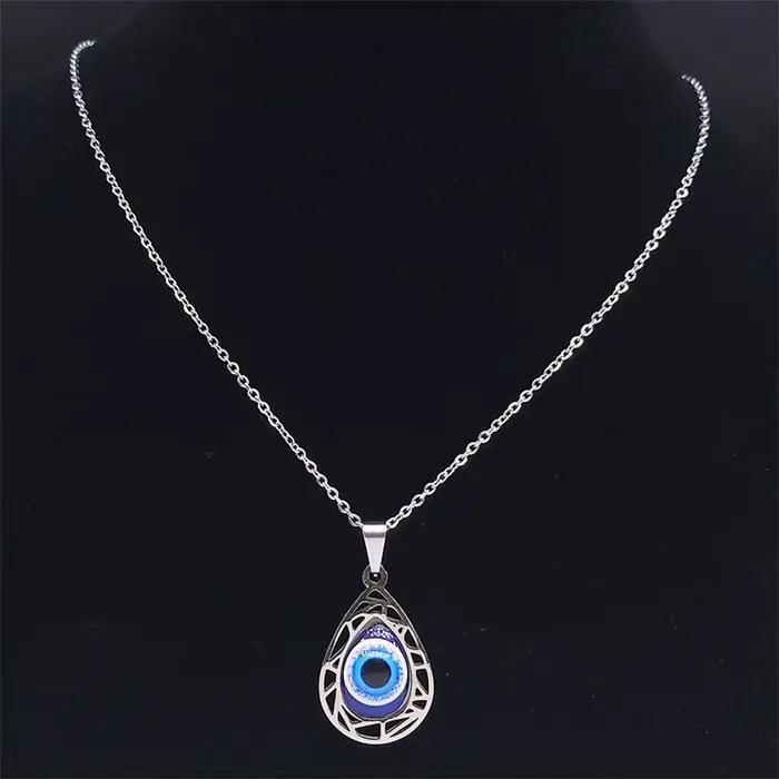 Collier avec pendentif mauvais œil bleu turc pour femmes et hommes, en acier inoxydable, couleur argent, yeux porte-bonheur, amulette, bijoux de Protection N8022S01