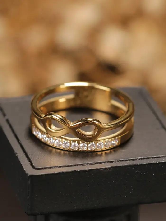 1 bague vintage coréenne en acier inoxydable à double couche avec une rangée de petits strass en forme de 8