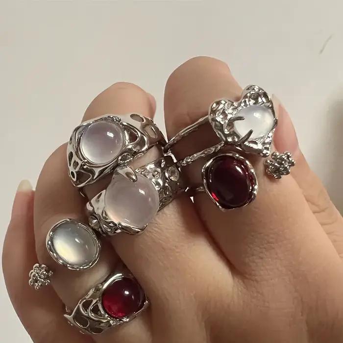Bague ovale Vintage couleur argent rouge pour femmes