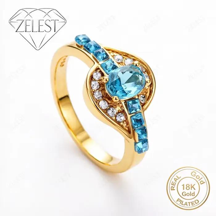 Bague en argent sterling 925 plaqué or 18 carats avec zircone bleu océan exquise pour femmes, access