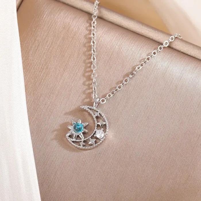 Collier en argent sterling 925 lune bleue claire cristaux étoile occasionnelle femme soirée festive
