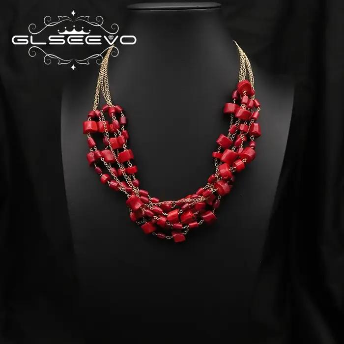 GLSEEVO – collier multicouches en corail rouge pour femmes