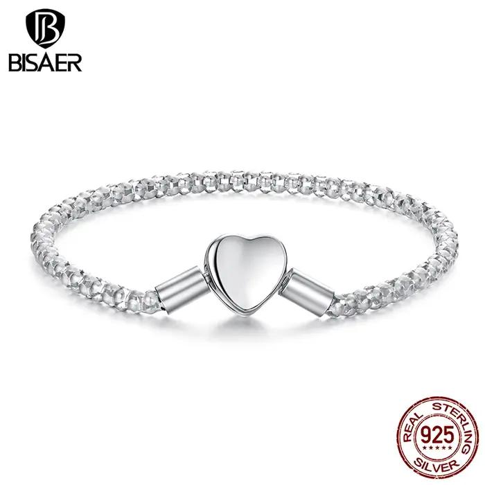 BISAER réel 925 en argent Sterling coeur Bracelet de base amour étoilé Bracelets pour femme breloques perles bricolage bijoux fins EFB209