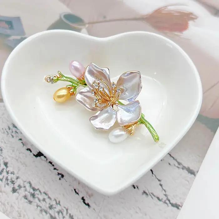 Broche en émail fleur de pêcher, Imitation de perles exquises, strass, Design luxueux et élégant, fl
