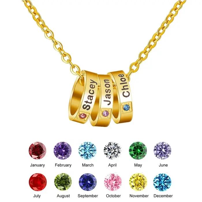 Collier personnalisé avec pierres de naissance pour 1 à 6 noms de famille
