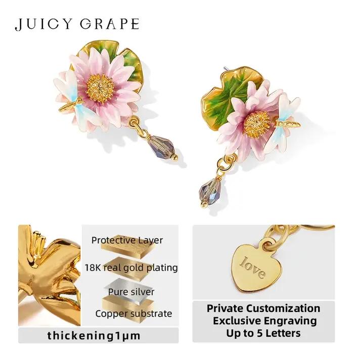 Boucles d'oreilles pendantes en forme de fleur de Lotus en émail de raisin juteux pour femmes