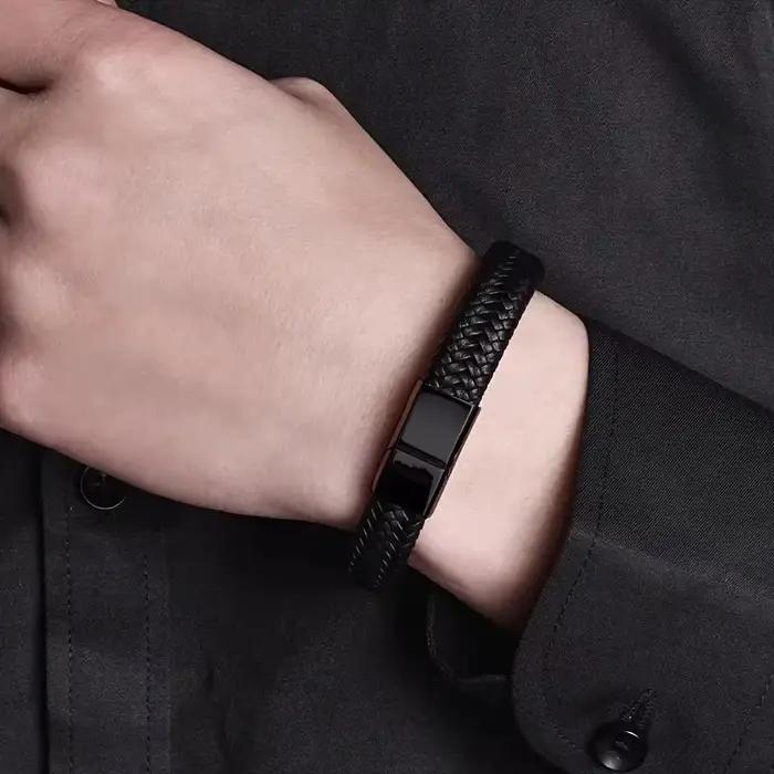 Bracelet classique en cuir noir pour hommes, bijoux à main, beau cadeau