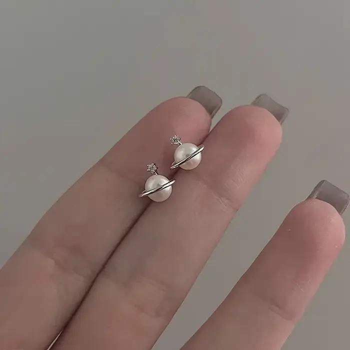 Bijoux en argent Sterling 925, boucles d'oreilles simples en forme de planète saturne, en perles, po