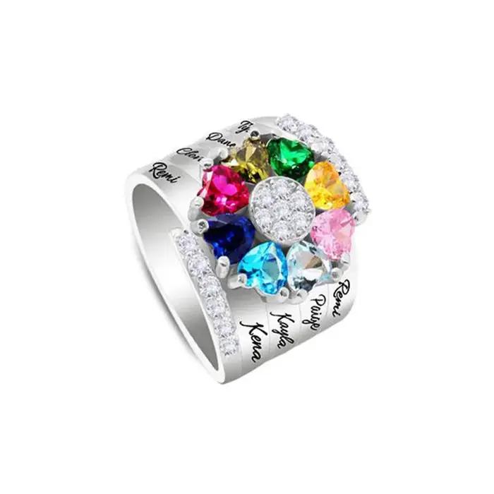 Bague Personnalisée en Pierre de Naissance et Zircone Cubique pour Mères et Grand-Mères, avec Gravure de Nom, Bijou Finition Cœur pour Femmes Occasions Spéciales