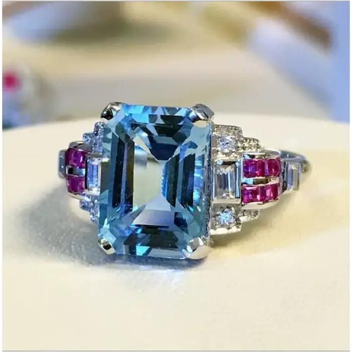 Bague en Argent Sterling 925 avec Topaze Bleue et Aigue-Marine pour Occasions Spéciales Femme Engagement