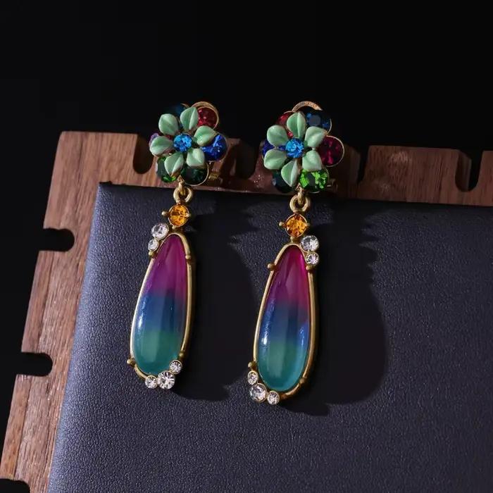 Parure de bijoux vintage en émail peint à motif floral, élégante, collier, boucles d'oreilles, brace