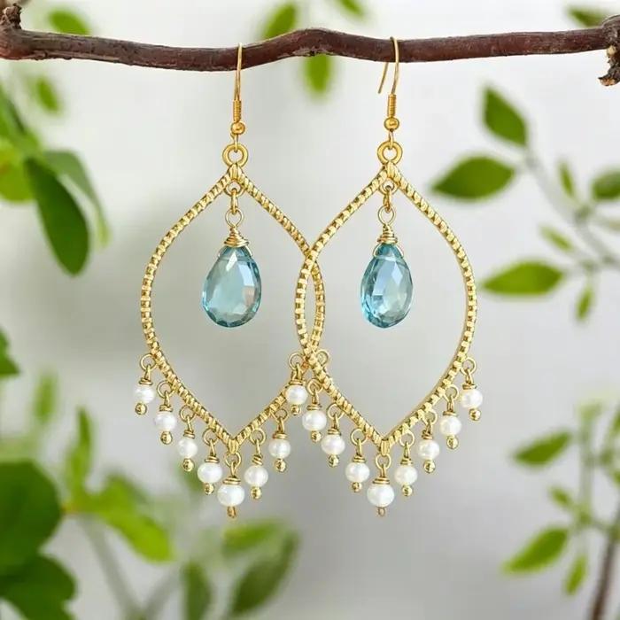 Boucles d'oreilles pendantes dorées style bohème avec perles d'imitation