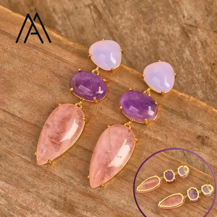 Boucles d'oreilles en Quartz Rose naturel pour femmes