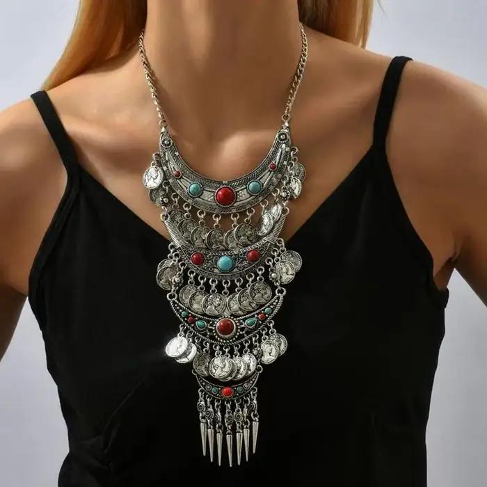 Collier multilaye vintage à la mode pour femmes, long, bohème, géométrique, plaqué argent antique et or antique pour les occasions spéciales