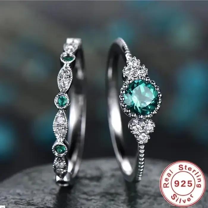Ensemble de bagues en argent Sterling 925 avec cristaux de Zircon émeraude pour femmes