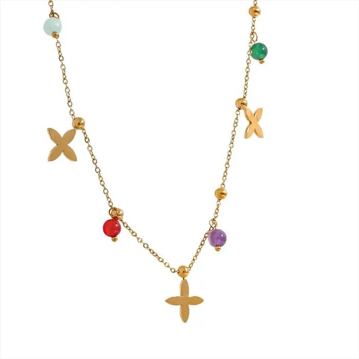 NiNice collier femme pierre naturelle coloré fleur en forme pendentif collier en acier inoxydable bi